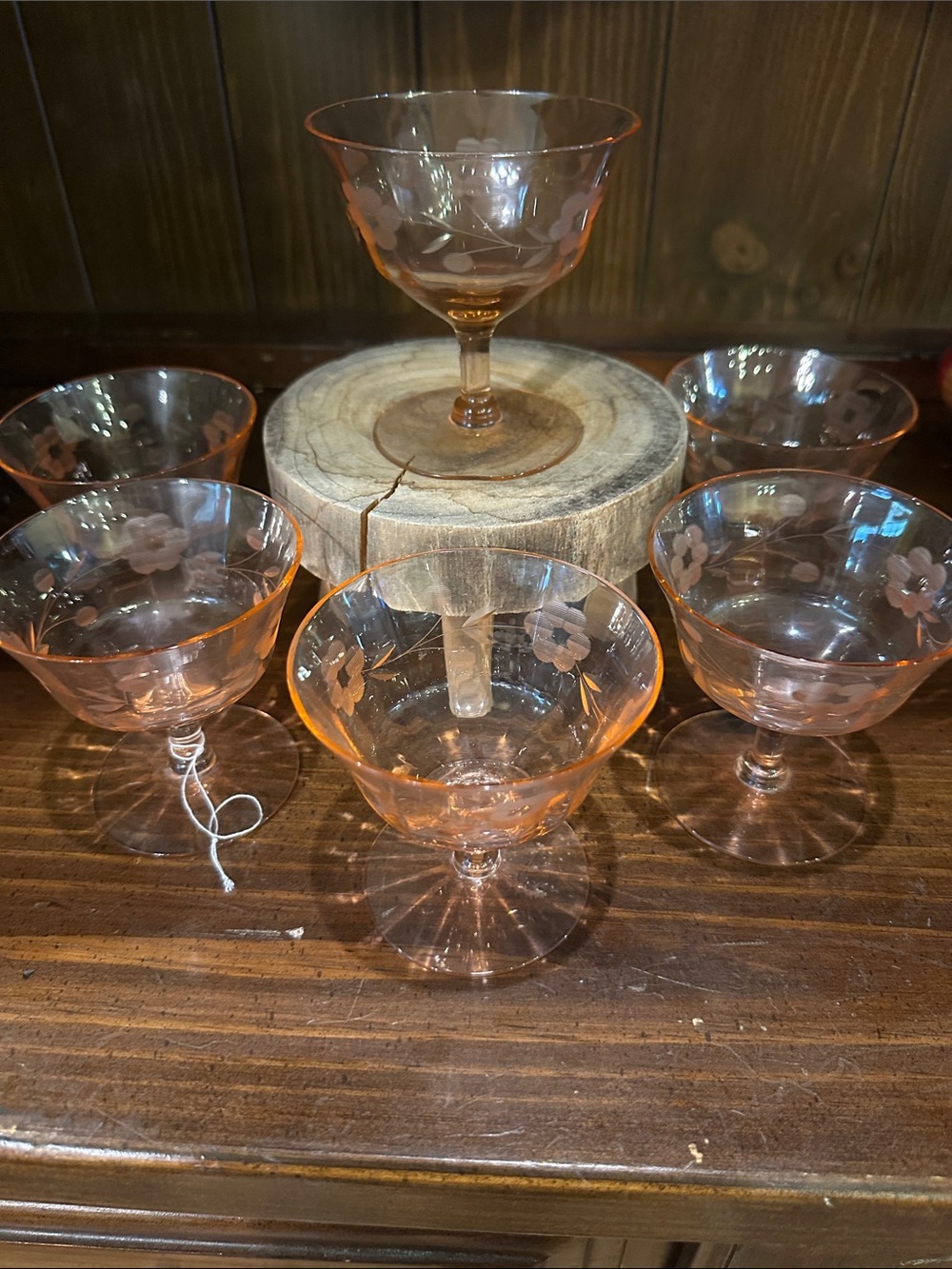 Vintage pink depression Etched Glass Sherbet Coupe Set - 6 Pieces